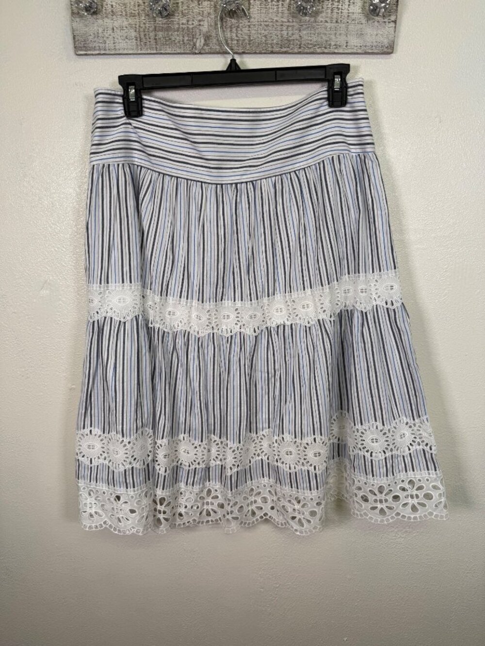 Michael Kors Womens Striped Cotton Skirt Eyelet Lace Trim Size 16 Blue & White